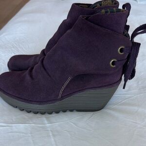 Fly London Women's Purple Suede Wedge Ankle Boots toe up back. Size 39/9
